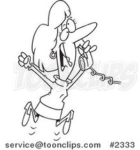 Cartoon Black and White Line Drawing of a Lady Jumping and Hearing Happy News on the Phone by Toonaday