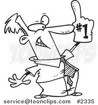 Cartoon Black and White Line Drawing of a Business Man Wearing a Number One Glove by Toonaday