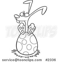 Cartoon Black and White Line Drawing of a Bunny Nesting on an Easter Egg by Toonaday