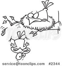Cartoon Black and White Line Drawing of a Bird Falling out of the Nest by Toonaday