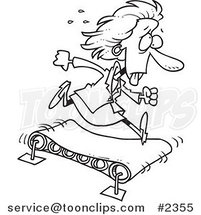 Cartoon Black and White Line Drawing of a Business Woman Getting Nowhere on a Treadmill by Toonaday