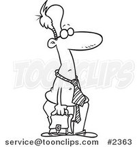 Cartoon Black and White Line Drawing of a Shirtless Business Man Carrying a Briefcase by Toonaday