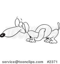 Cartoon Black and White Line Drawing of a Knotted Wiener Dog by Toonaday