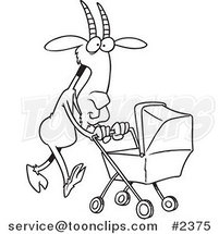 Cartoon Black and White Line Drawing of a Nanny Goat Pushing a Tram by Toonaday