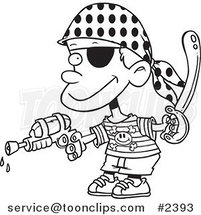 Cartoon Black and White Line Drawing of a Pirate Boy Shooting Water Gun by Toonaday