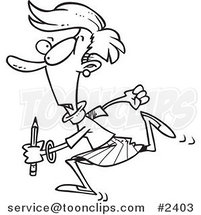 Cartoon Black and White Line Drawing of a Lady Running with a Pencil by Toonaday
