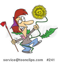 Cartoon Angry Lady Pulling a Giant Dandelion Weed by Toonaday