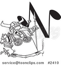 Cartoon Black and White Line Drawing of a Singing Viking Bird with an N Music Note by Toonaday