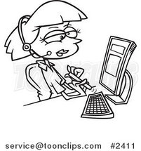Cartoon Black and White Line Drawing of a Secretary Filing Her Nails at Her Desk by Toonaday