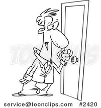 Cartoon Black and White Line Drawing of a Business Man Knocking on a Door by Toonaday