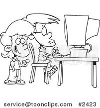 Cartoon Black and White Line Drawing of School Children Using a Computer by Toonaday