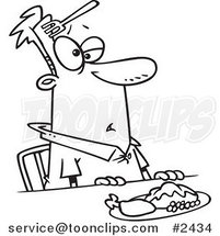 Cartoon Black and White Line Drawing of a Clumsy Guy with a Fork in His Forehead by Toonaday