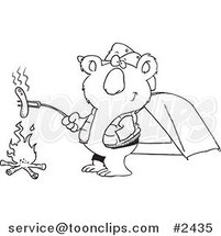Cartoon Black and White Line Drawing of a Camping Koala Roasting a Hot Dog over a Fire by Toonaday