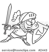 Cartoon Black and White Line Drawing of a Knight Boy by Toonaday