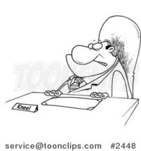 Cartoon Black and White Line Drawing of a Business Man with a Kneel Sign on His Desk by Toonaday
