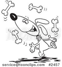 Cartoon Black and White Line Drawing of a Dog Juggling Bones by Toonaday