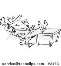Cartoon Black and White Line Drawing of a Business Man Kicking Back with His Feet on His Desk by Toonaday