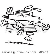 Cartoon Black and White Line Drawing of a Karate Dog Jumping by Toonaday