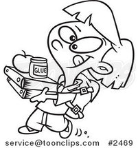 Cartoon Black and White Line Drawing of a Keen Girl Carrying Binders by Toonaday