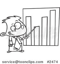 Cartoon Black and White Line Drawing of a Businessboy Pointing to a Bar Graph by Toonaday