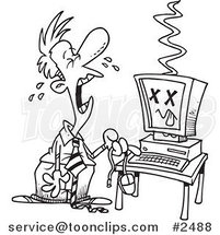 Cartoon Black and White Line Drawing of a Businessman with a Fried Computer by Toonaday