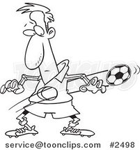 Cartoon Black and White Line Drawing of a Ball Flying Through a Soccer Player's Body by Toonaday