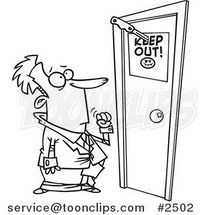 Cartoon Black and White Line Drawing of a Business Man at a Door with a Keep out Sign by Toonaday