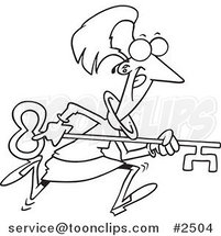 Cartoon Black and White Line Drawing of a Business Woman Running with an Opportunity Key by Toonaday
