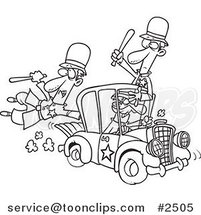 Cartoon Black and White Line Drawing of a Thief Stealing a Police Car by Toonaday