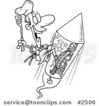 Cartoon Black and White Line Drawing of a Cook on a Fourth of July Rocket by Toonaday