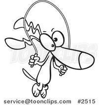 Cartoon Black and White Line Drawing of a Dog Jumping Rope by Toonaday