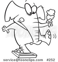 Cartoon Line Art Design of a Chubby Elephant Holding an Ice Cream Cone and Standing on a Scale by Toonaday