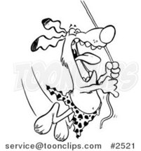 Cartoon Black and White Line Drawing of a Jungle Dog Swinging on a Vine by Toonaday