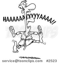 Cartoon Black and White Line Drawing of a Karate Guy Screaming and Jumping by Toonaday