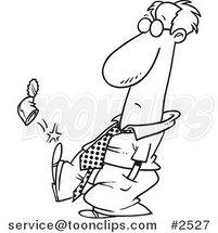 Cartoon Black and White Line Drawing of a Business Man Kicking a Can by Toonaday