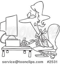 Cartoon Black and White Line Drawing of a Lady Working with a Broken Arm by Toonaday