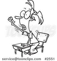 Cartoon Black and White Line Drawing of a Smart School Girl Raising Her Hand by Toonaday