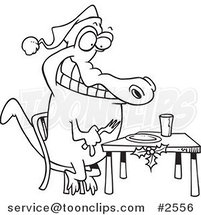 Cartoon Black and White Line Drawing of a Christmas Gator Anticipating Dinner by Toonaday