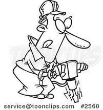 Cartoon Black and White Line Drawing of a Guy Operating a Jackhammer by Toonaday