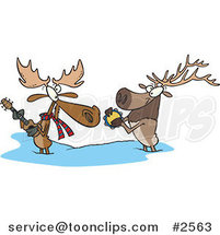 Cartoon Moose and Elk Jamming in the Snow by Toonaday