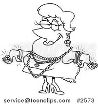 Cartoon Black and White Line Drawing of a Lady Wearing Jewels by Toonaday