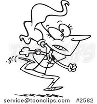 Cartoon Black and White Line Drawing of a Jogging Lady by Toonaday