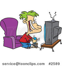 Cartoon Boy Playing a Video Game with a Joystick by Toonaday