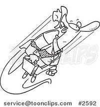 Cartoon Black and White Line Drawing of a Business Man Flying with a Jetpack by Toonaday