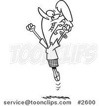 Cartoon Black and White Line Drawing of a Joyful Business Woman Jumping by Toonaday