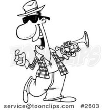 Cartoon Black and White Line Drawing of a Happy Jazz Musician by Toonaday