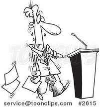 Cartoon Black and White Line Drawing of a Nervous Politician Approaching a Podium by Toonaday