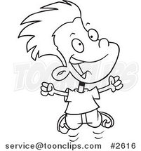 Cartoon Black and White Line Drawing of a Joyful Boy Jumping by Toonaday