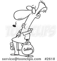 Cartoon Black and White Line Drawing of a Guy Caught with His Hand in a Cookie Jar by Toonaday