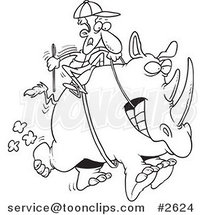 Cartoon Black and White Line Drawing of a Jockey Riding a Rhino by Toonaday